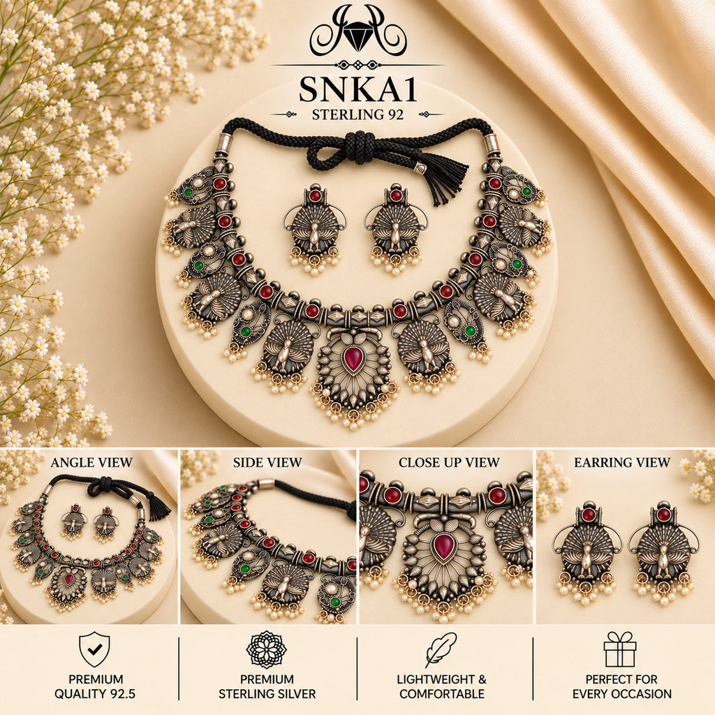 SNKA1 oxidized 92.5 sterling silver necklace set - collage view