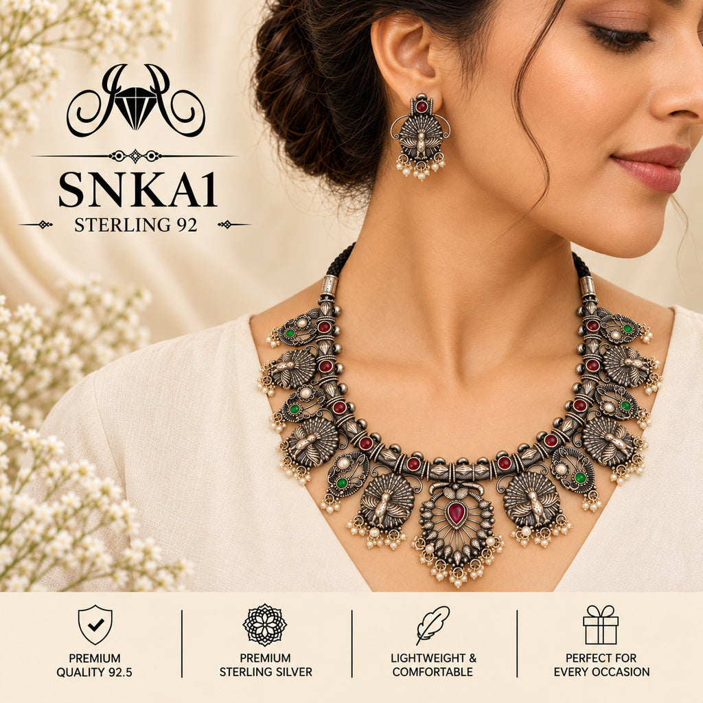 SNKA1 oxidized 92.5 sterling silver necklace set - wearing view