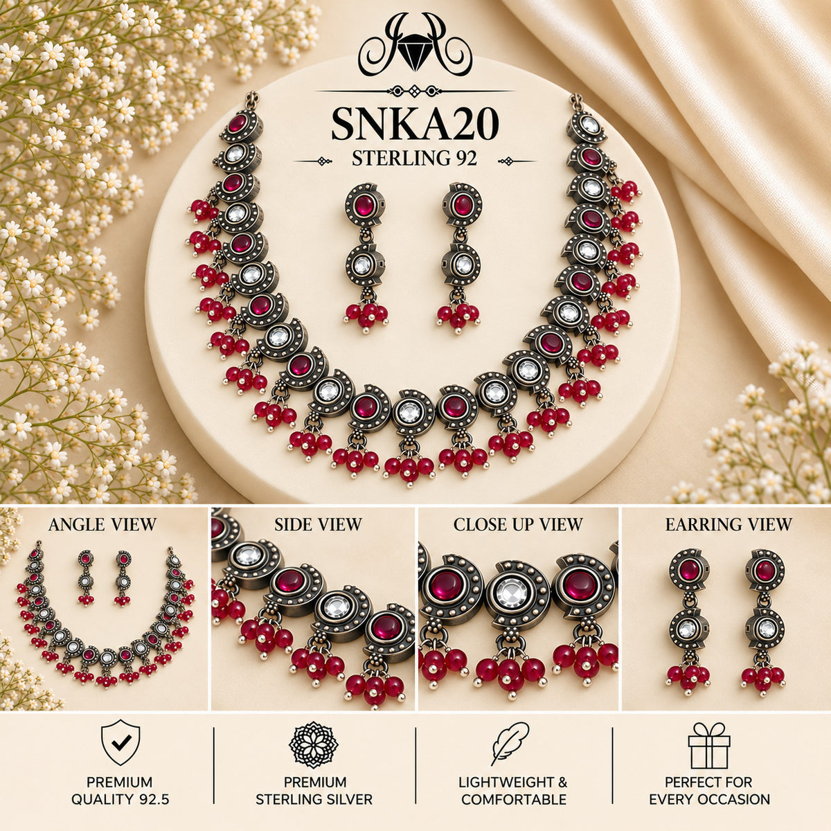 SNKA20 oxidized 92.5 sterling silver necklace set - collage view