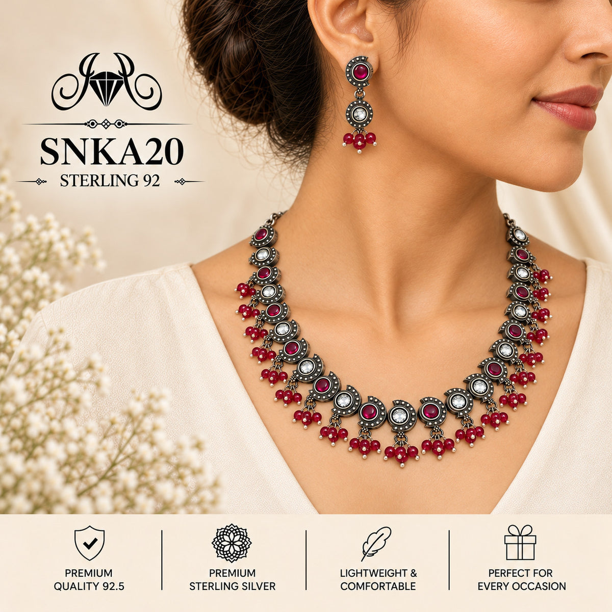 SNKA20 oxidized 92.5 sterling silver necklace set - wearing view