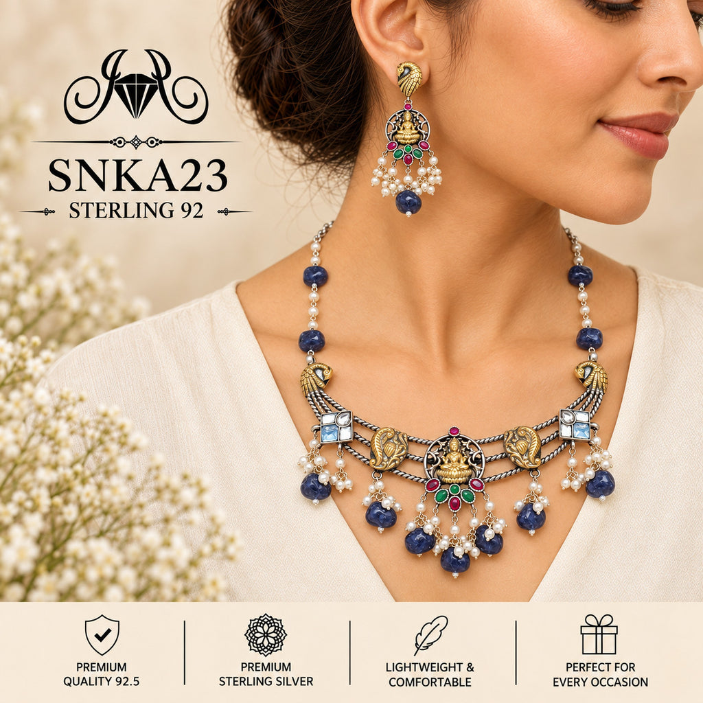 SNKA23 oxidized 92.5 sterling silver necklace set - wearing view