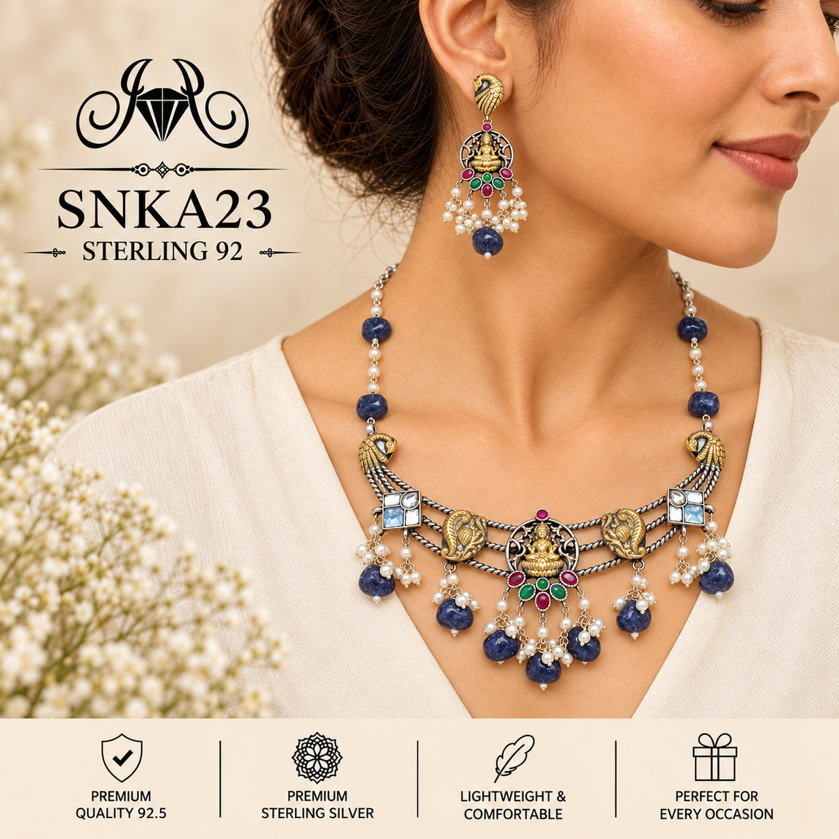 SNKA23 oxidized 92.5 sterling silver necklace set - wearing view