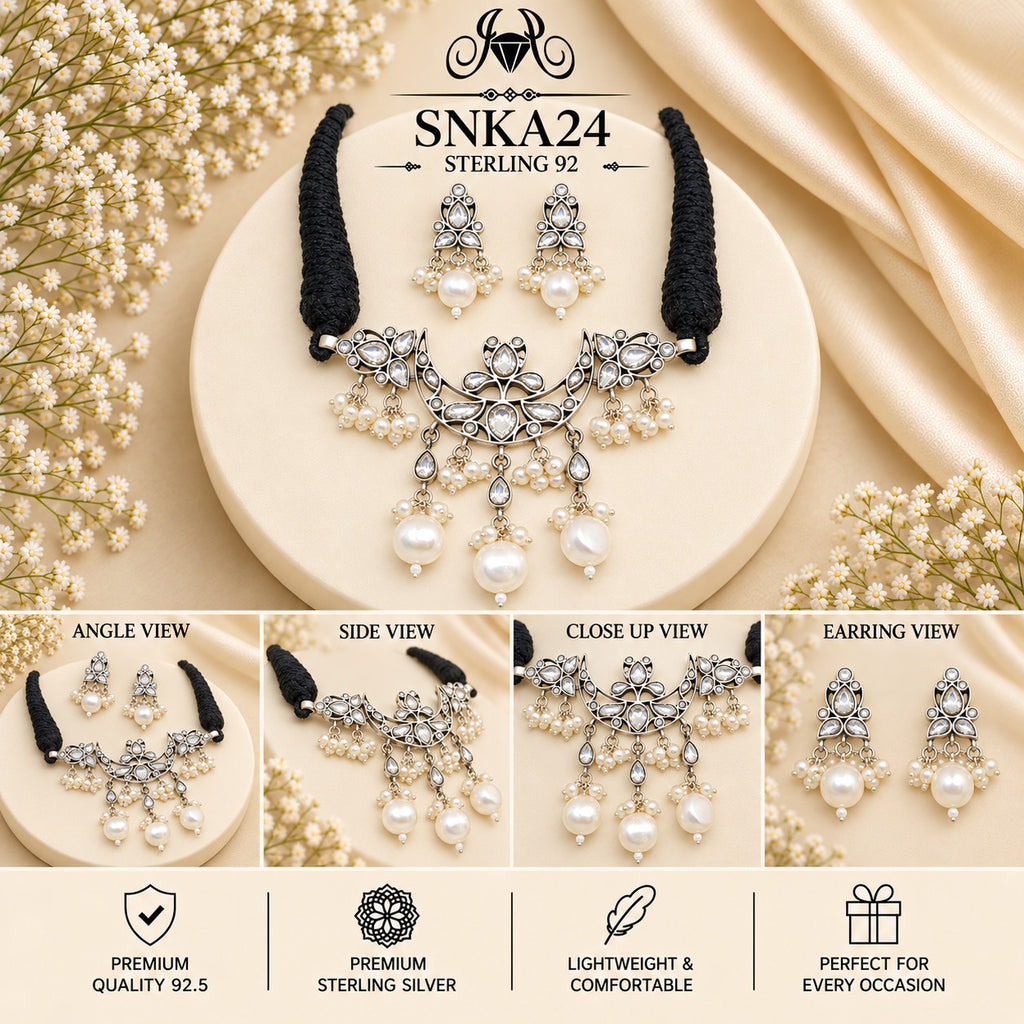 SNKA24 oxidized 92.5 sterling silver necklace set - collage view