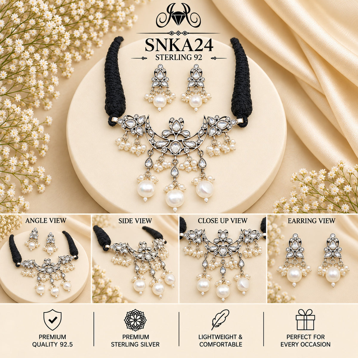 SNKA24 oxidized 92.5 sterling silver necklace set - collage view