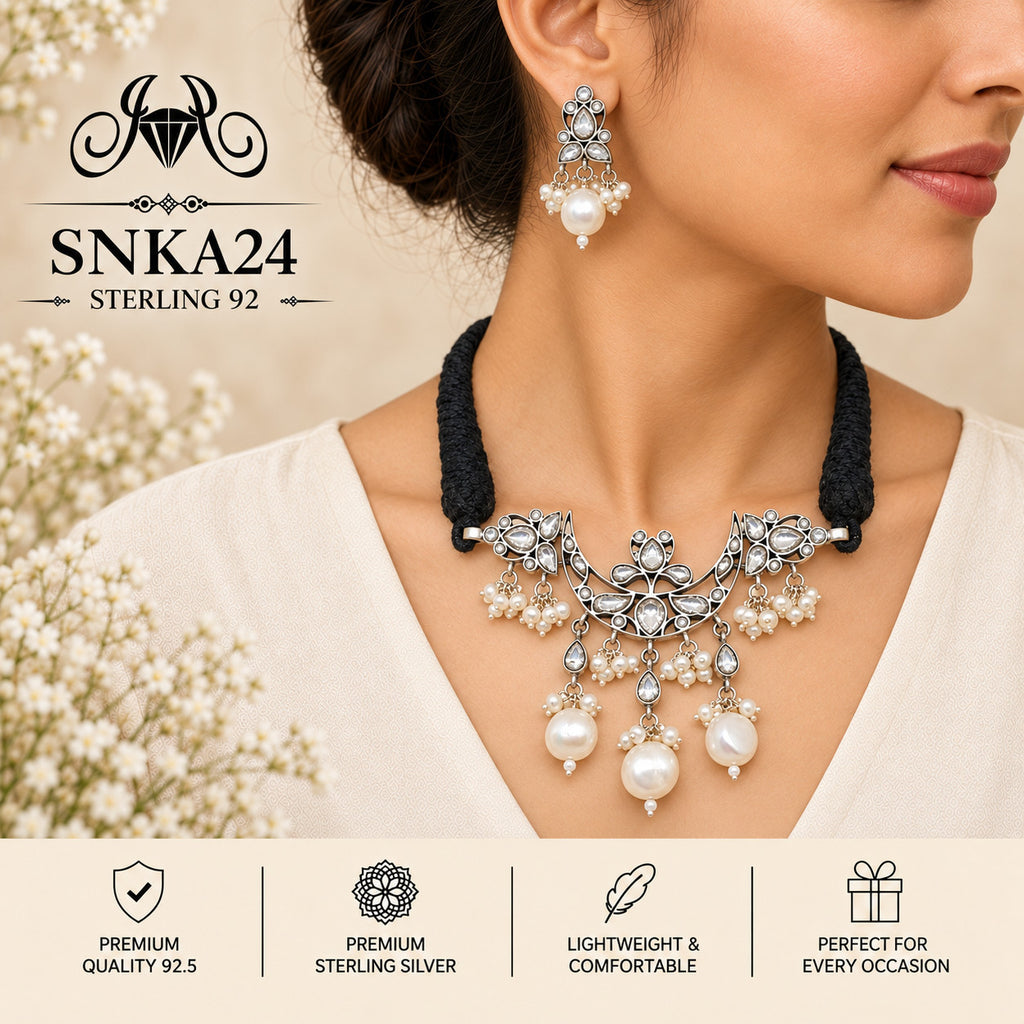SNKA24 oxidized 92.5 sterling silver necklace set - wearing view