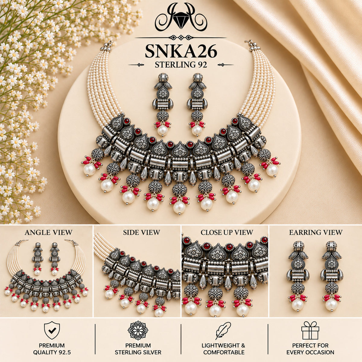 SNKA26 oxidized 92.5 sterling silver necklace set - collage view