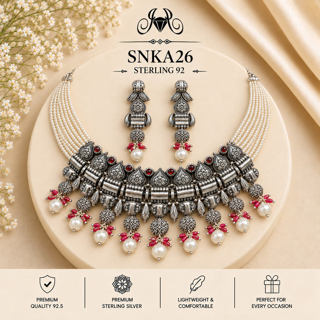 SNKA26 oxidized 92.5 sterling silver necklace set - portrait view