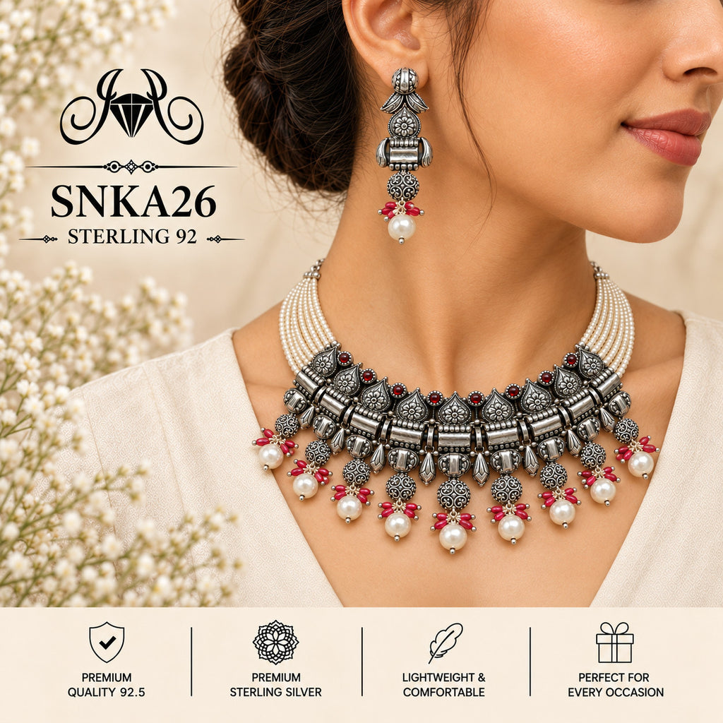 SNKA26 oxidized 92.5 sterling silver necklace set - wearing view