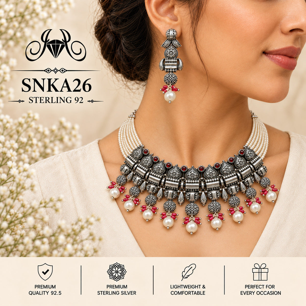 SNKA26 oxidized 92.5 sterling silver necklace set - wearing view