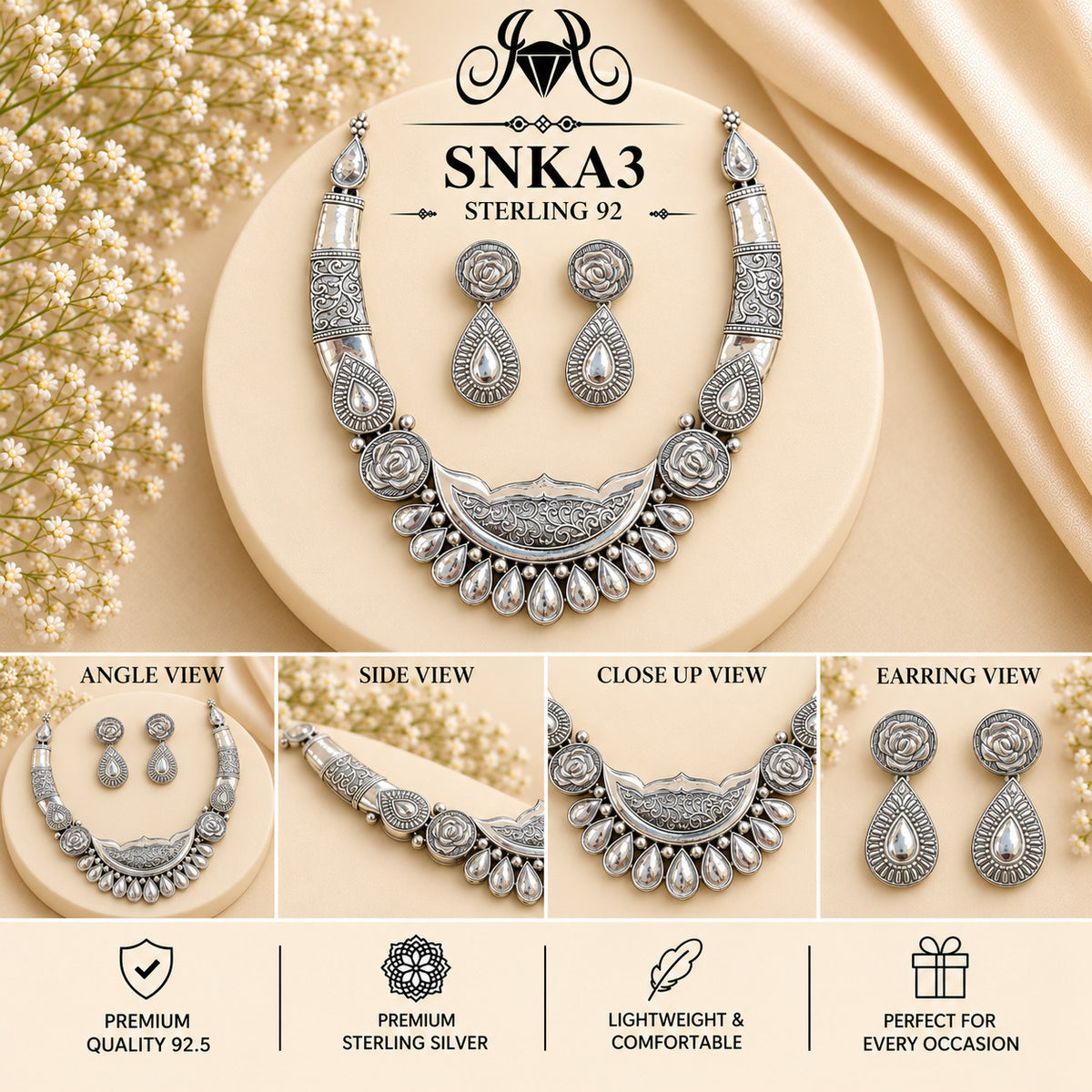 SNKA3 oxidized 92.5 sterling silver necklace set - collage view