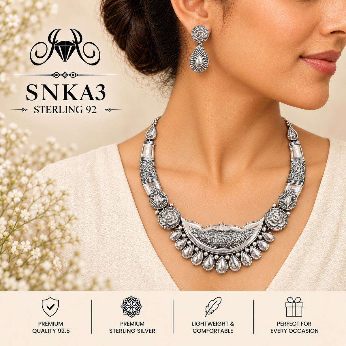 SNKA3 oxidized 92.5 sterling silver necklace set - wearing view