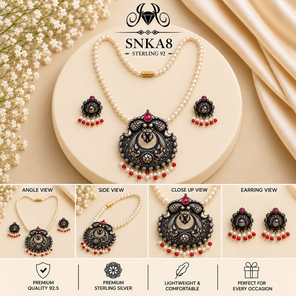 SNKA8 oxidized 92.5 sterling silver necklace set - collage view