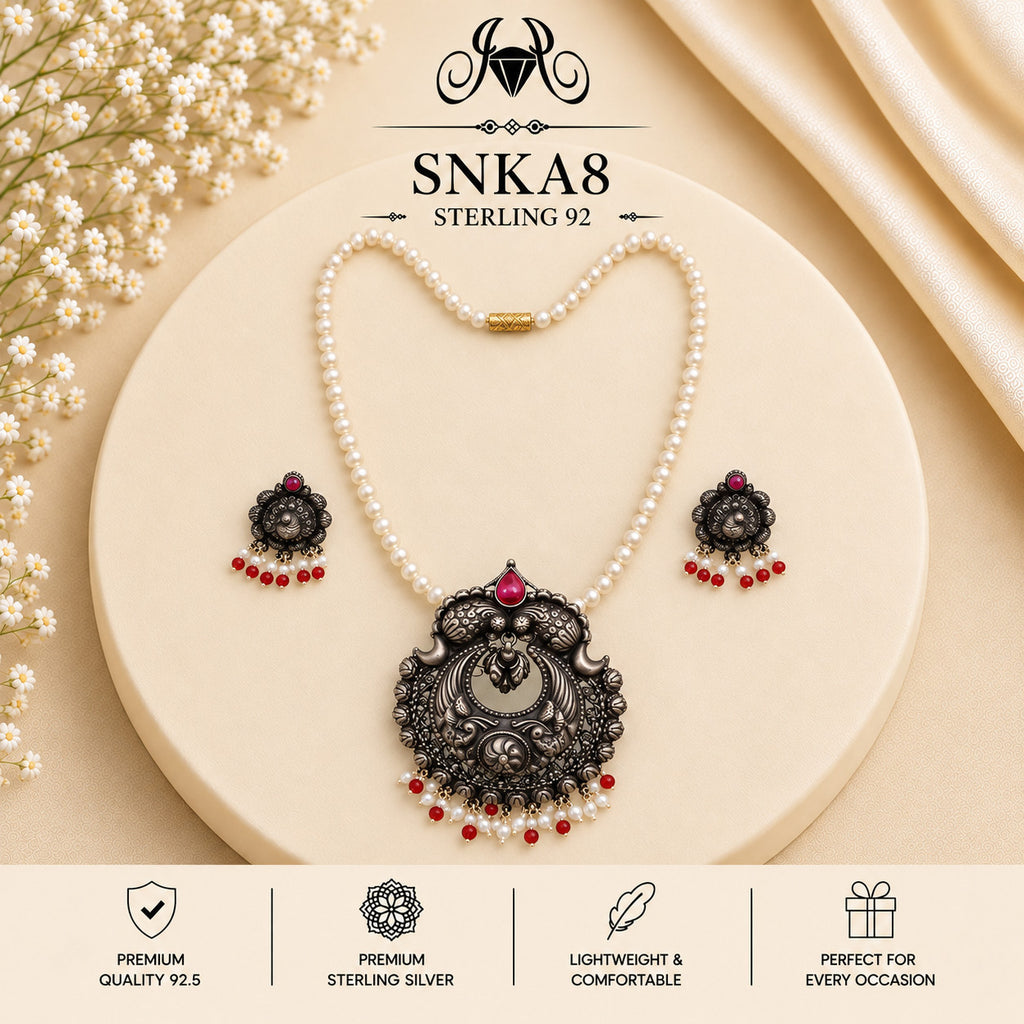 SNKA8 oxidized 92.5 sterling silver necklace set - portrait view