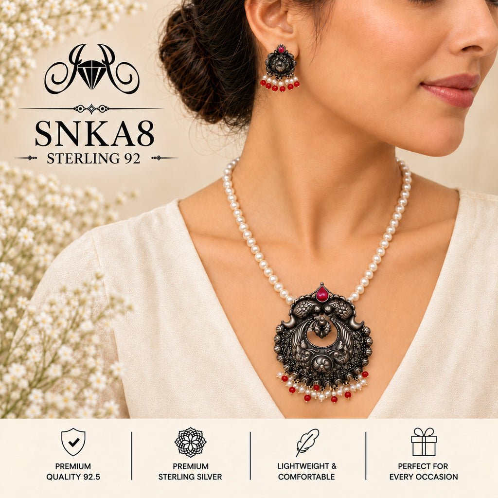 SNKA8 oxidized 92.5 sterling silver necklace set - wearing view