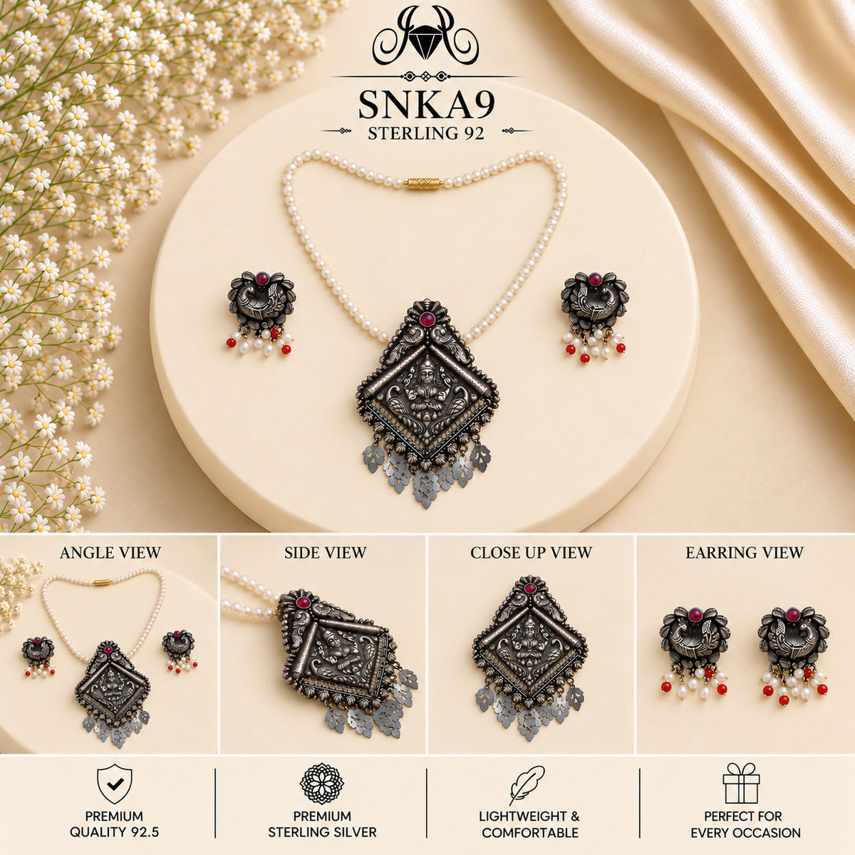 SNKA9 oxidized 92.5 sterling silver necklace set - collage view