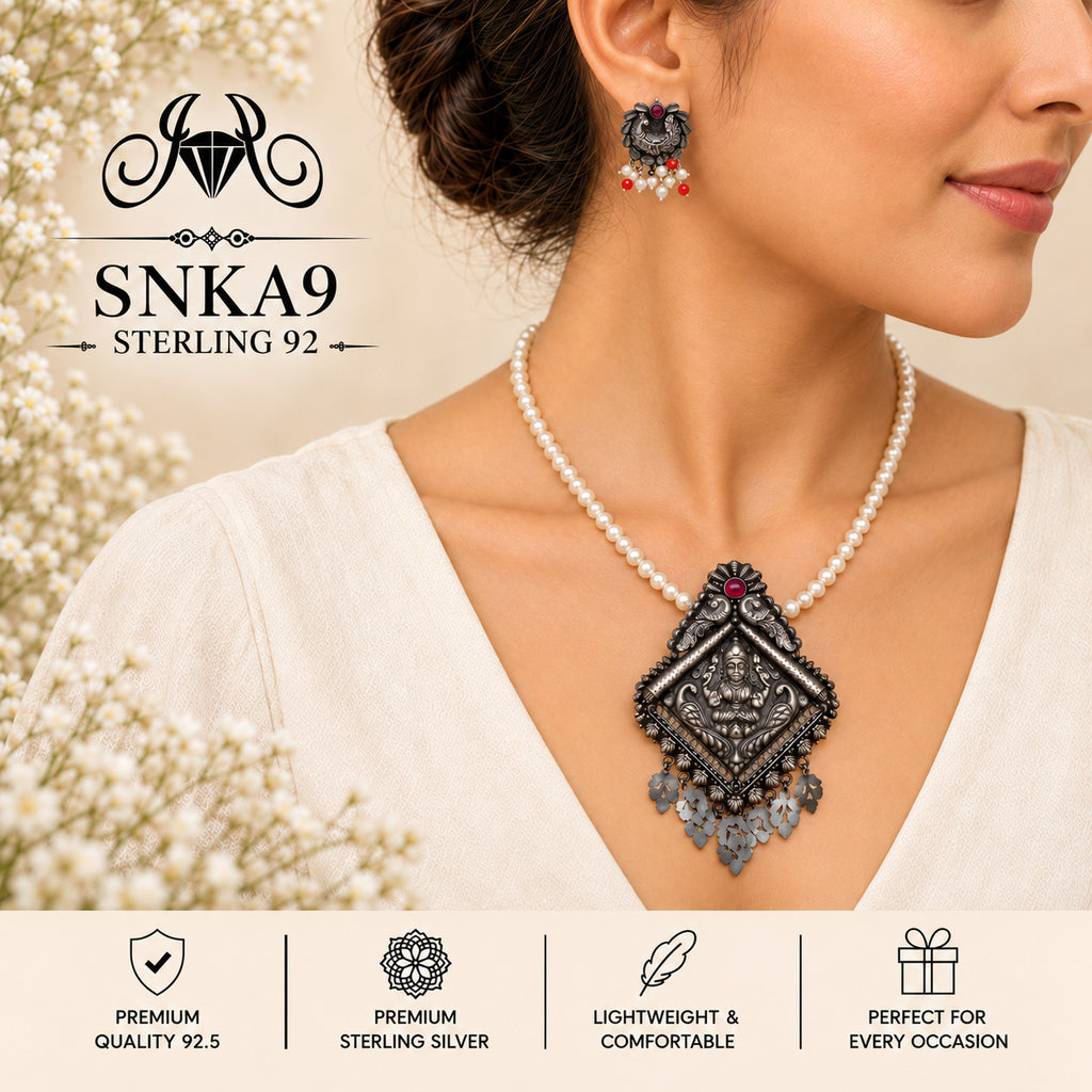 SNKA9 oxidized 92.5 sterling silver necklace set - wearing view