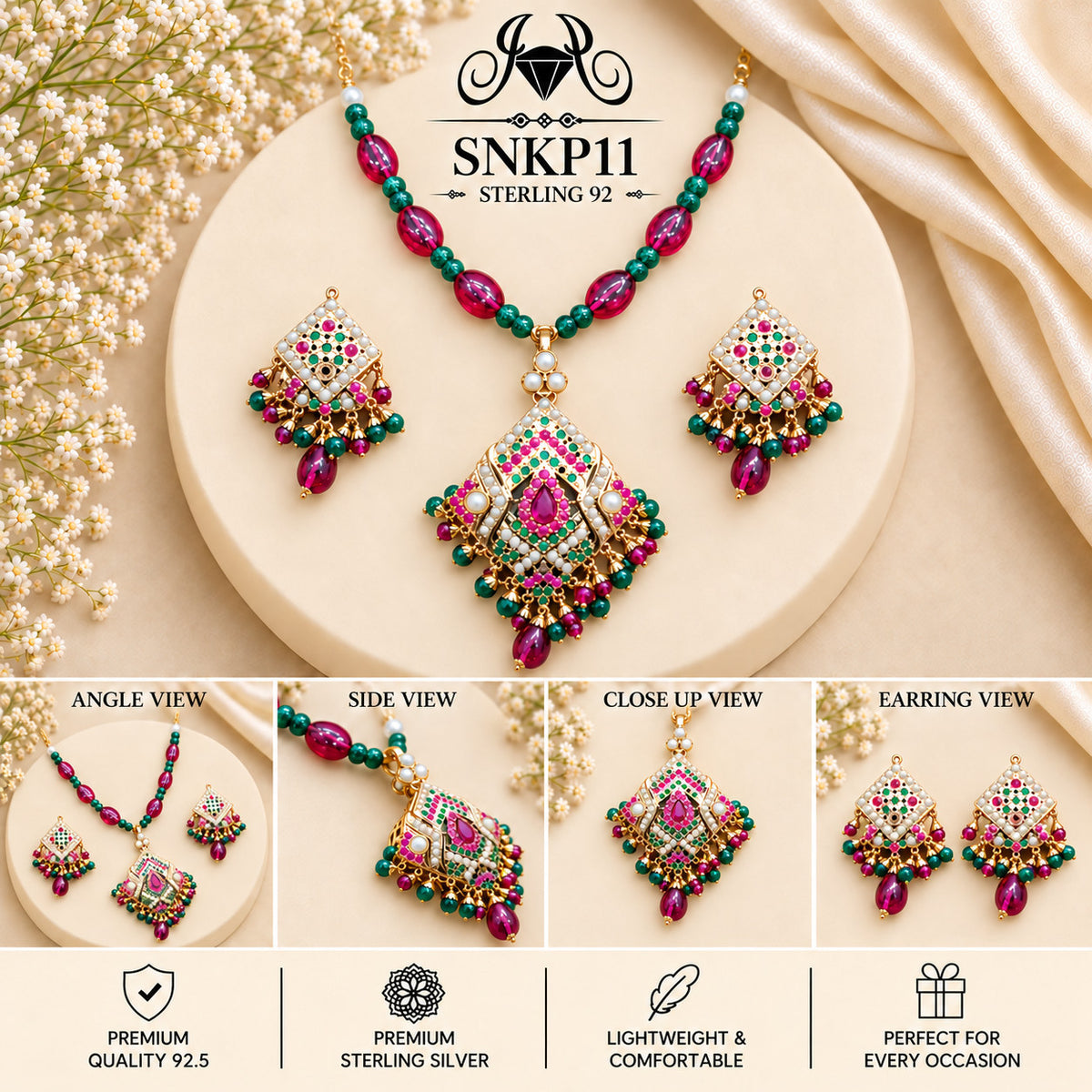 SNKP11 gold polish 92.5 sterling silver necklace set - collage view
