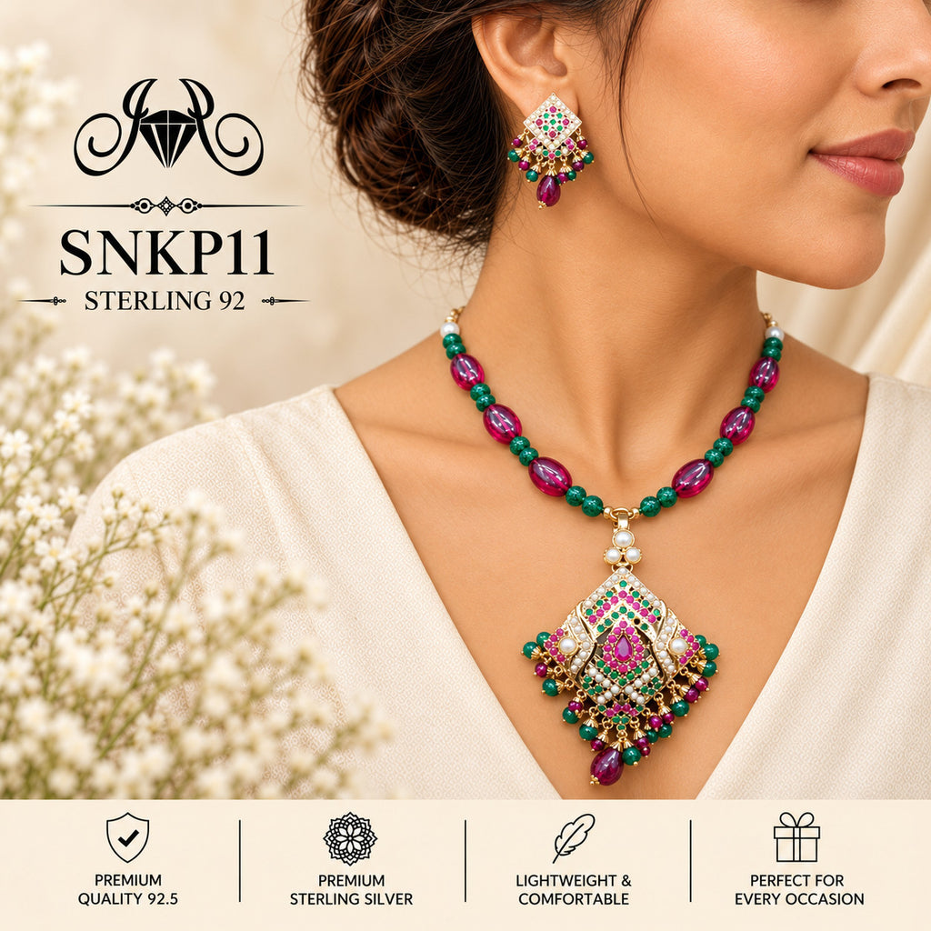 SNKP11 gold polish 92.5 sterling silver necklace set - wearing view