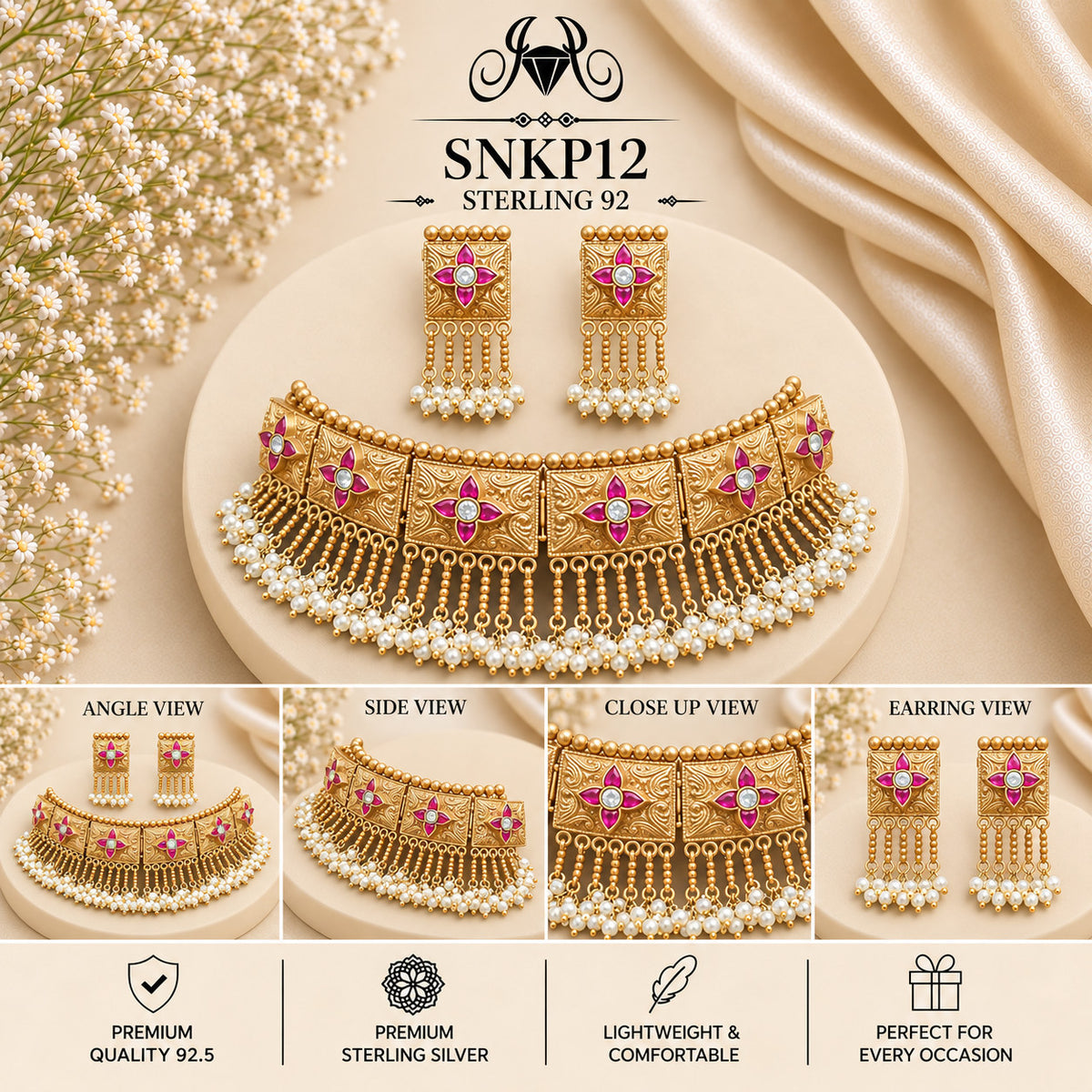 SNKP12 gold polish 92.5 sterling silver necklace set - collage view