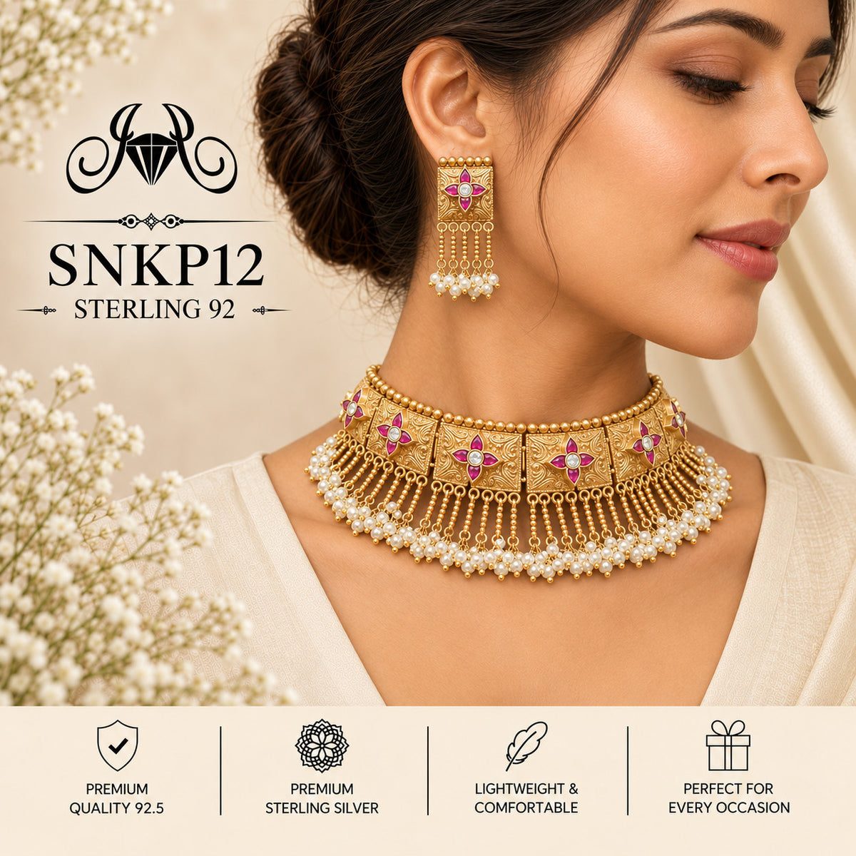 SNKP12 gold polish 92.5 sterling silver necklace set - wearing view