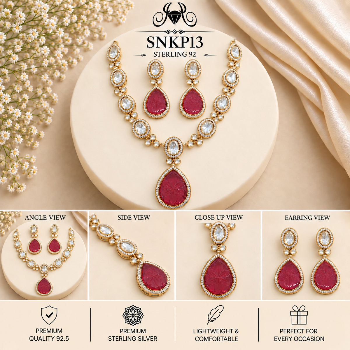 SNKP13 gold polish 92.5 sterling silver necklace set - collage view