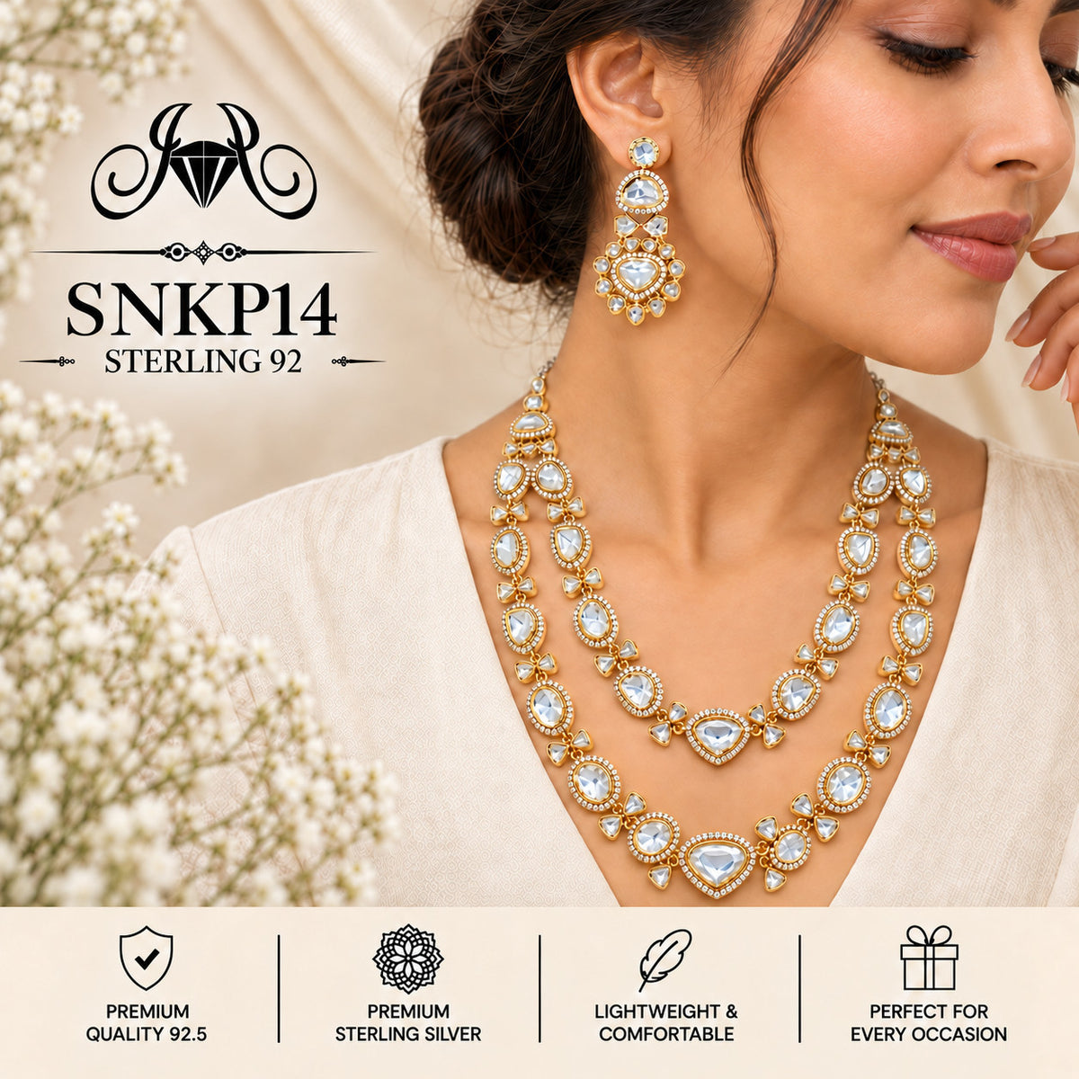 SNKP14 gold polish 92.5 sterling silver necklace set - wearing view