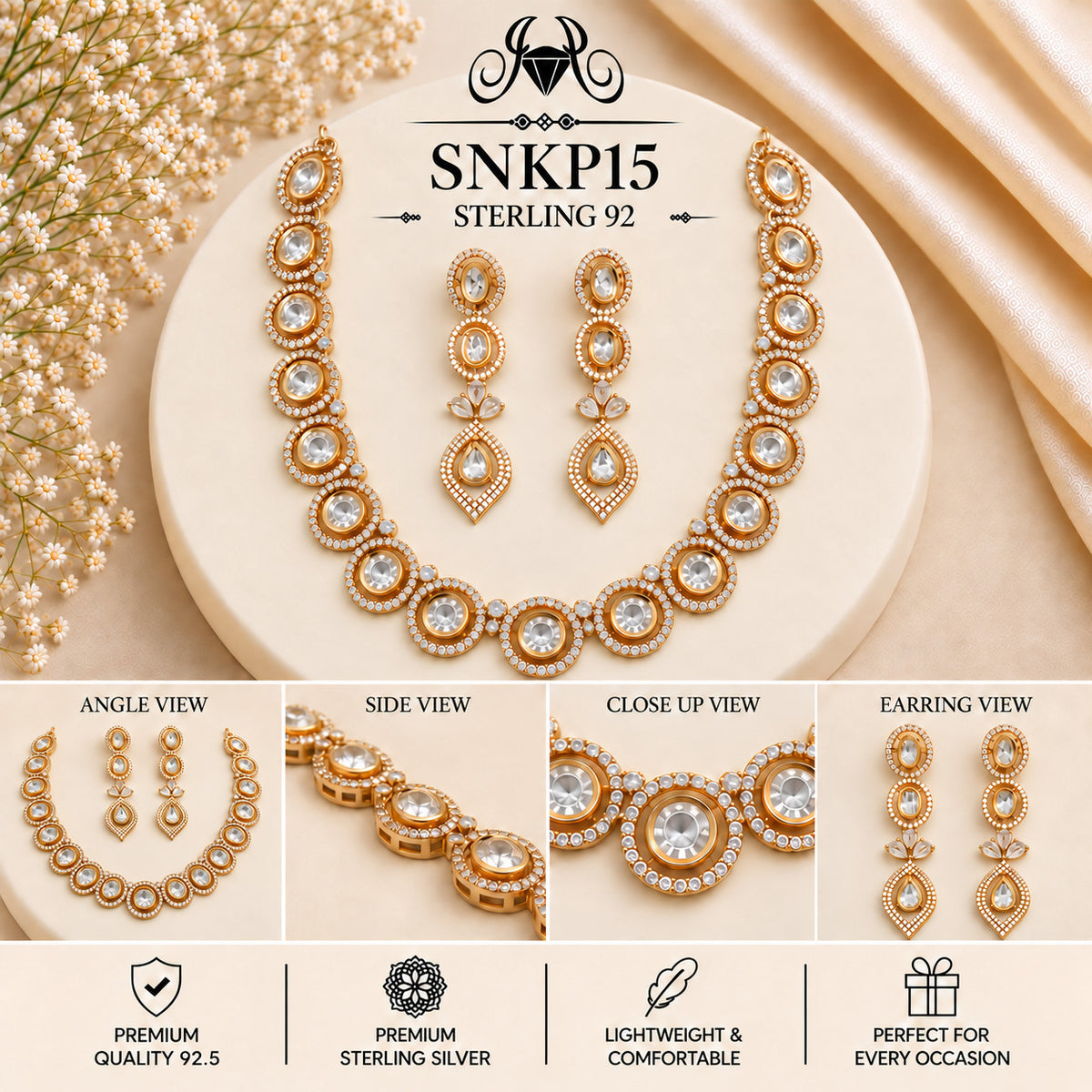 SNKP15 gold polish 92.5 sterling silver necklace set - collage view