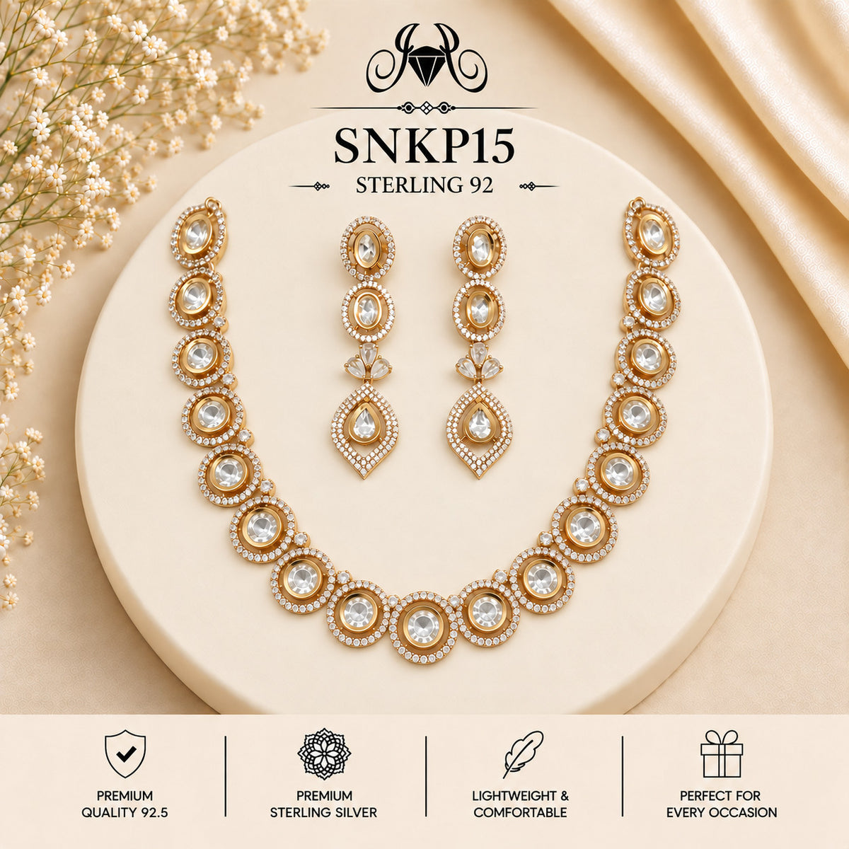 SNKP15 gold polish 92.5 sterling silver necklace set - portrait view