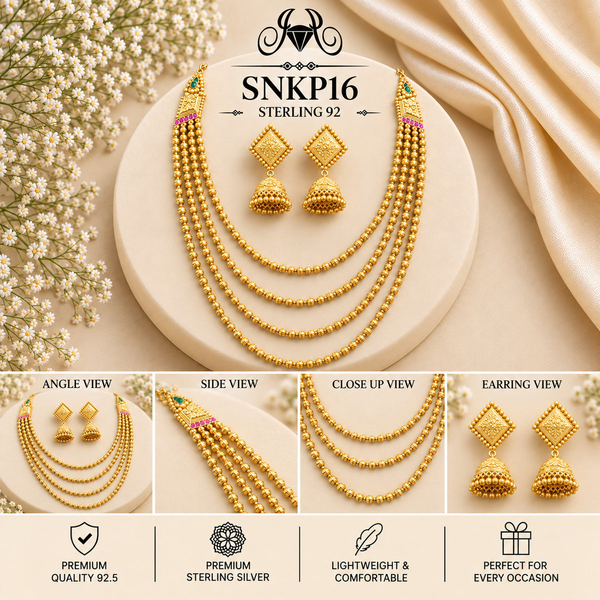 SNKP16 gold polish 92.5 sterling silver necklace set - collage view