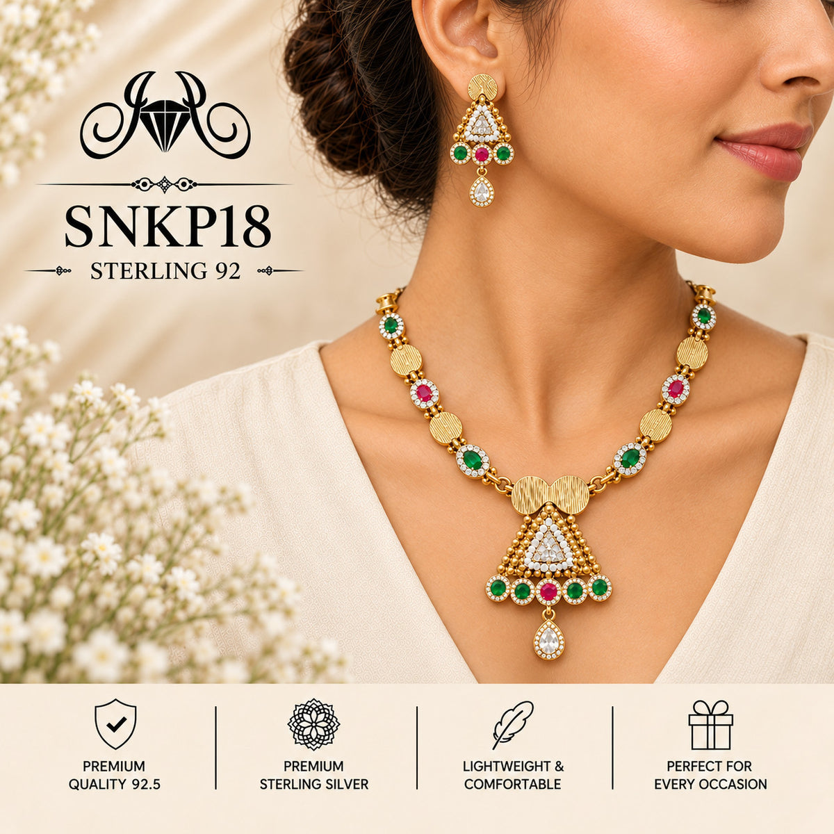 SNKP18 gold polish 92.5 sterling silver necklace set - wearing view
