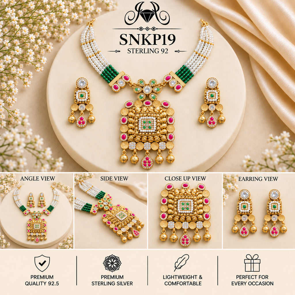 SNKP19 gold polish 92.5 sterling silver necklace set - collage view