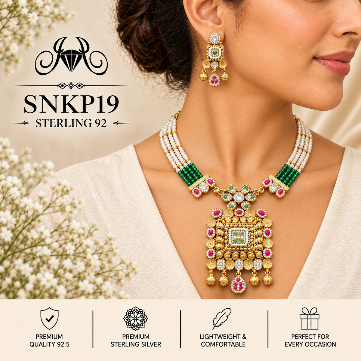 SNKP19 gold polish 92.5 sterling silver necklace set - wearing view