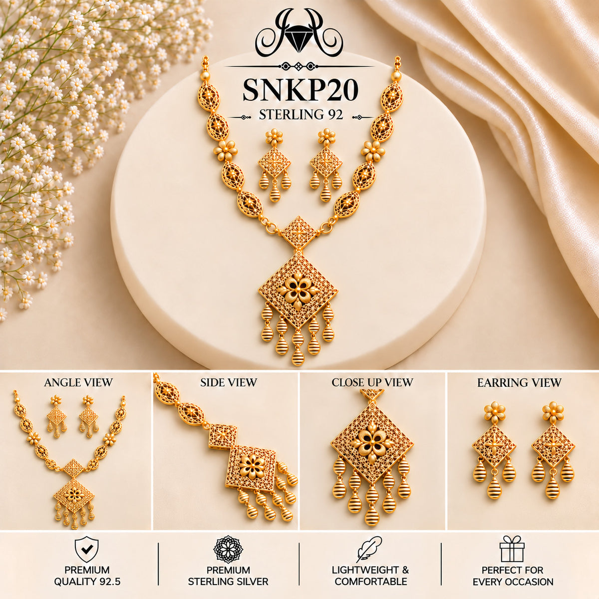 SNKP20 gold polish 92.5 sterling silver necklace set - collage view