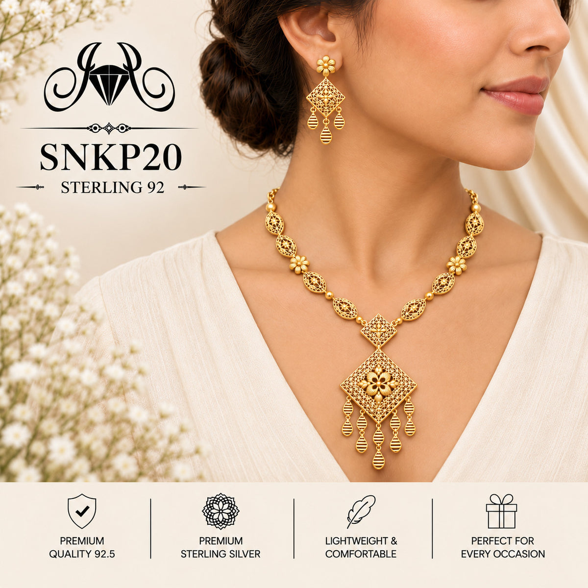 SNKP20 gold polish 92.5 sterling silver necklace set - wearing view