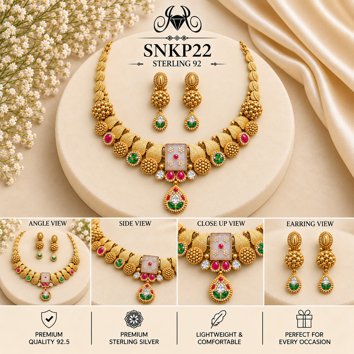 SNKP22 gold polish 92.5 sterling silver necklace set - collage view