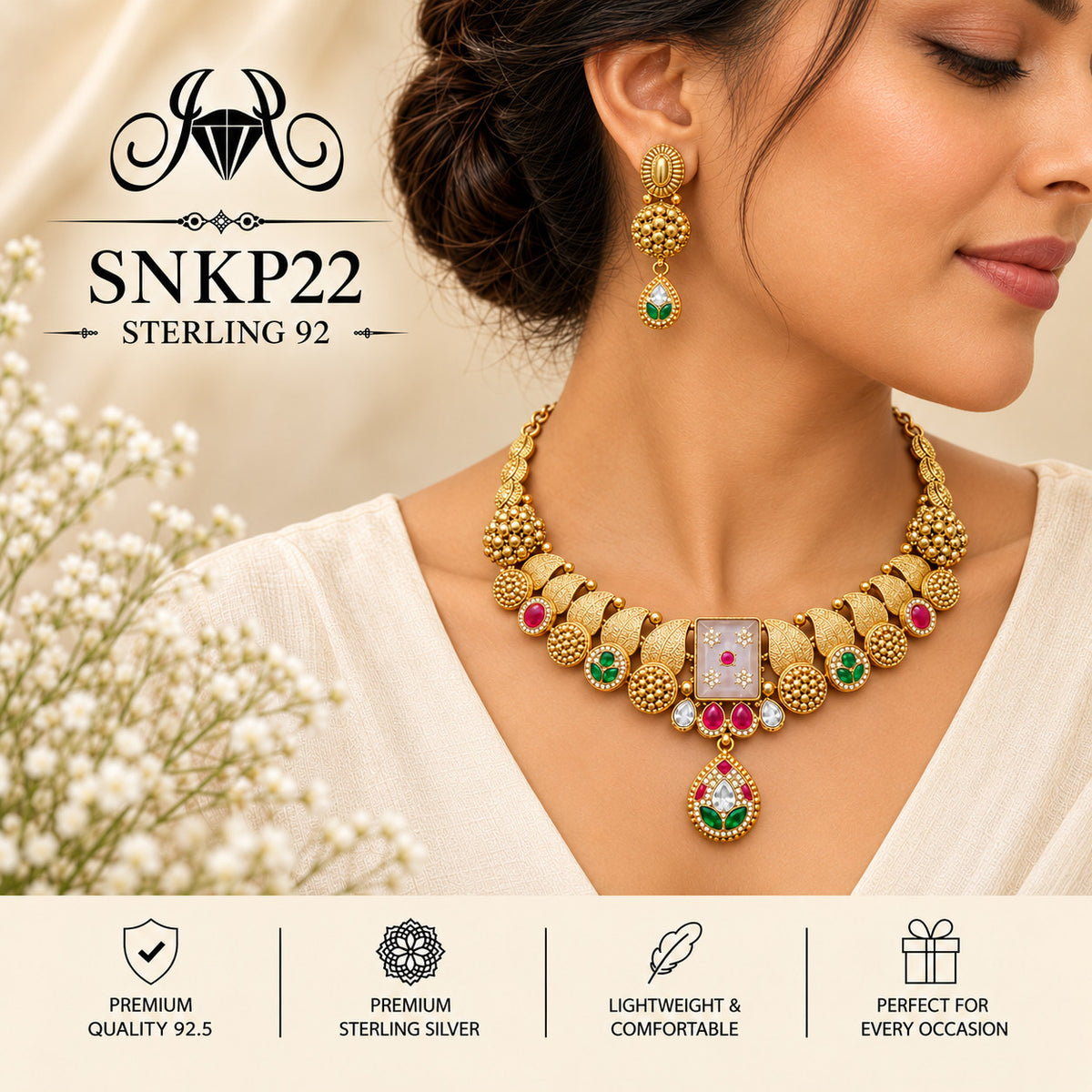 SNKP22 gold polish 92.5 sterling silver necklace set - wearing view