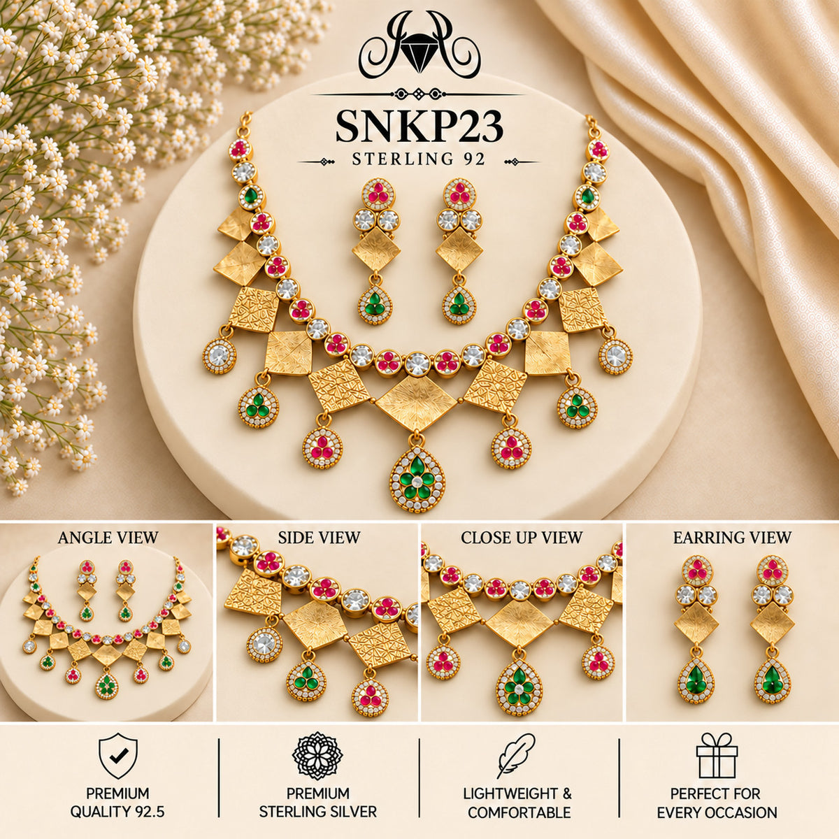 SNKP23 gold polish 92.5 sterling silver necklace set - collage view