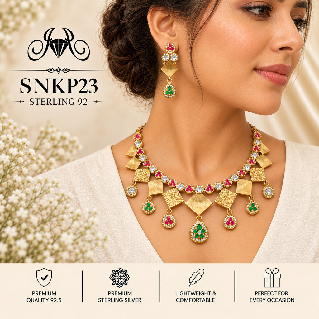 SNKP23 gold polish 92.5 sterling silver necklace set - wearing view