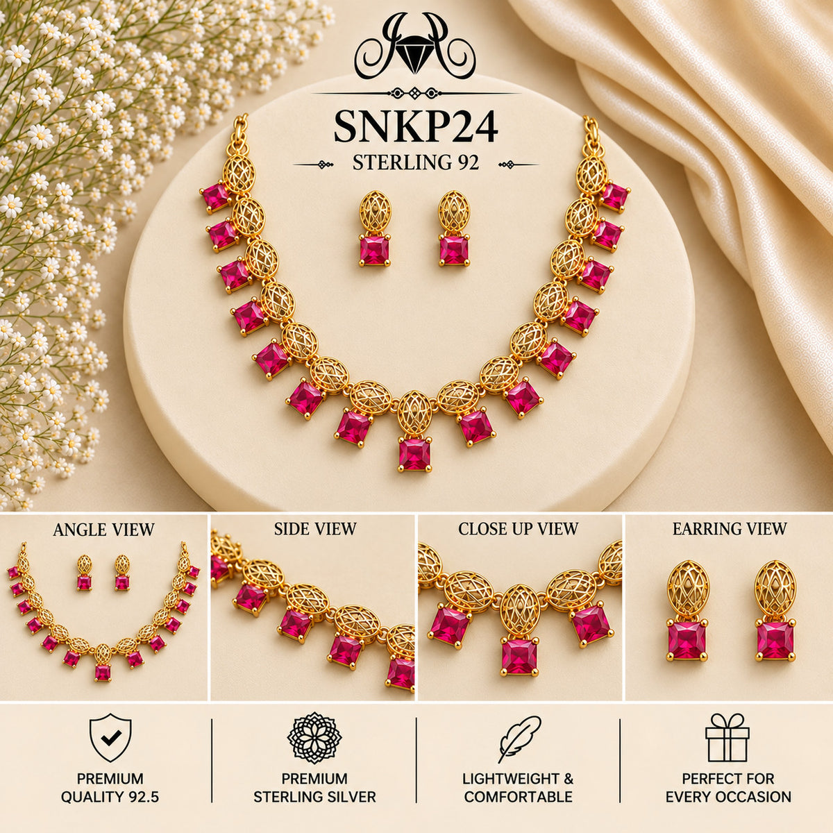 SNKP24 gold polish 92.5 sterling silver necklace set - collage view