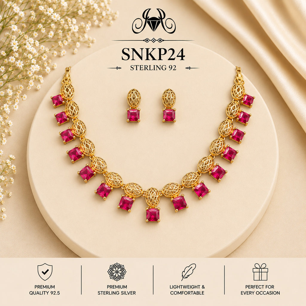 SNKP24 gold polish 92.5 sterling silver necklace set - portrait view