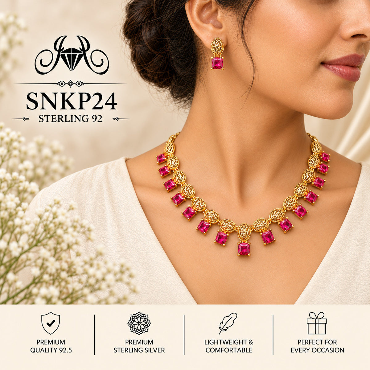 SNKP24 gold polish 92.5 sterling silver necklace set - wearing view