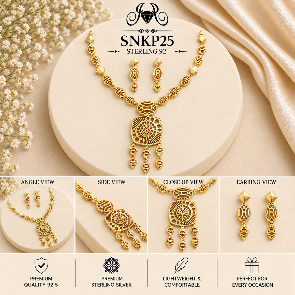 SNKP25 gold polish 92.5 sterling silver necklace set - collage view