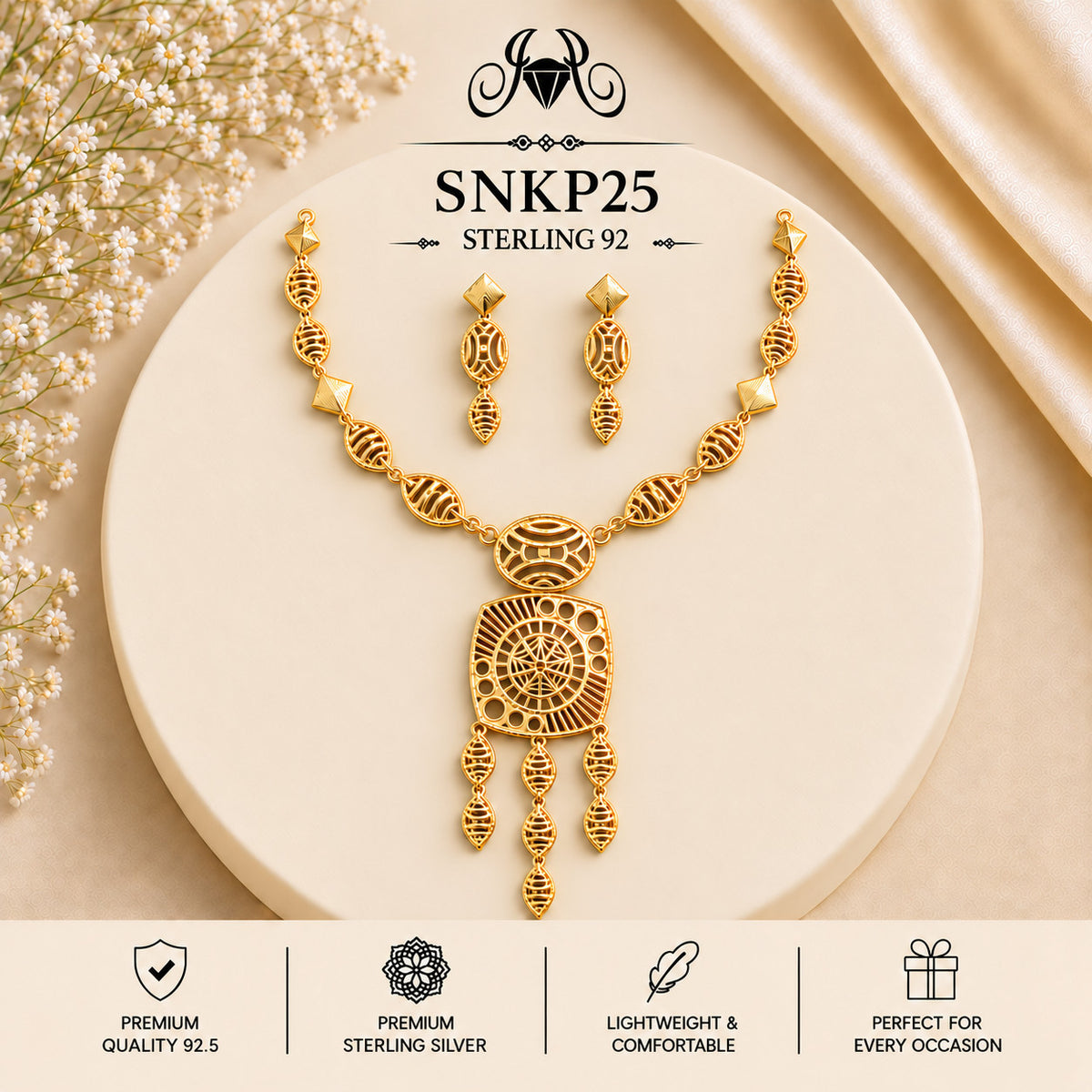 SNKP25 gold polish 92.5 sterling silver necklace set - portrait view