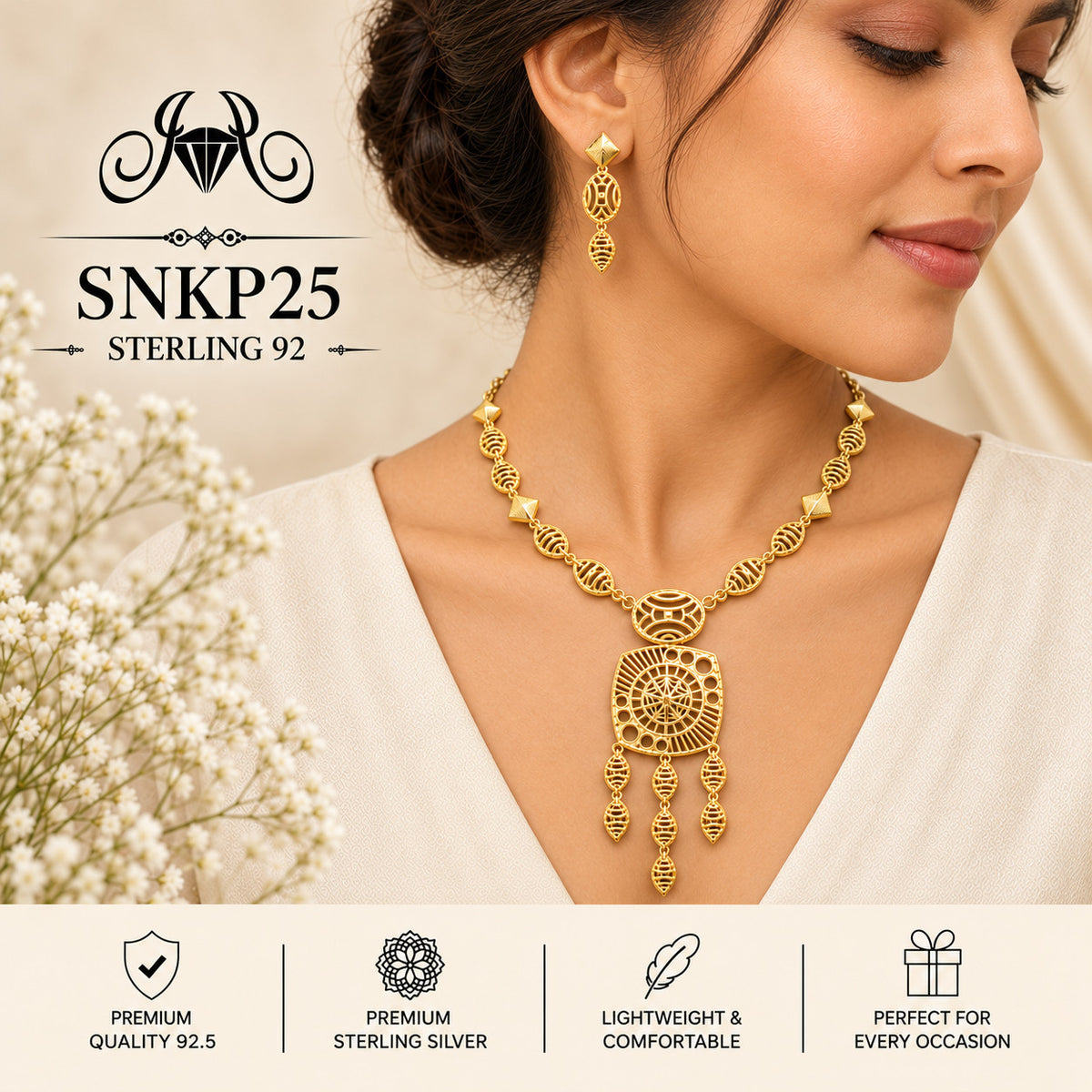SNKP25 gold polish 92.5 sterling silver necklace set - wearing view