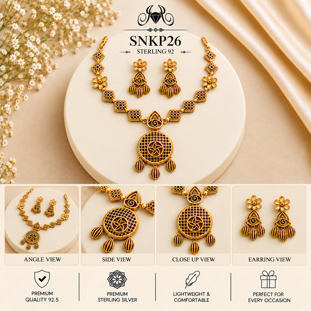 SNKP26 gold polish 92.5 sterling silver necklace set - collage view