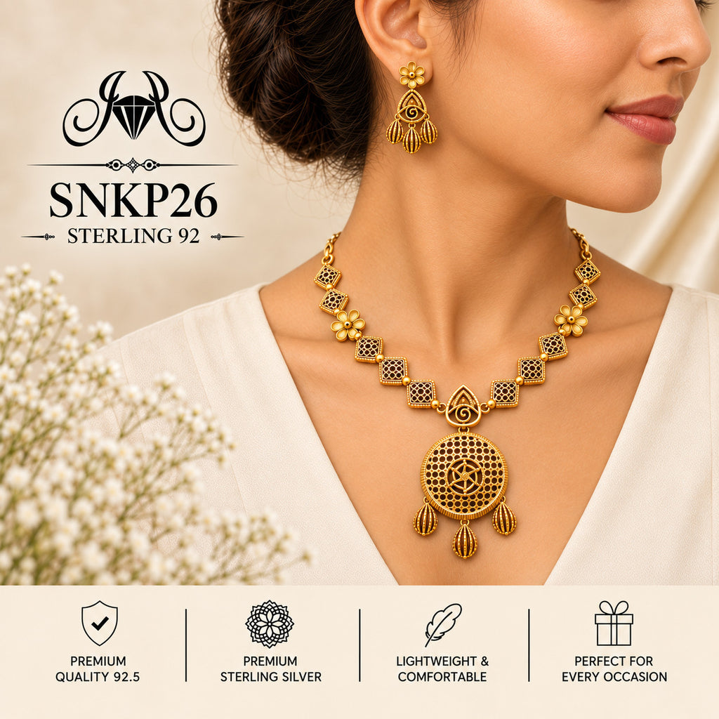 SNKP26 gold polish 92.5 sterling silver necklace set - wearing view