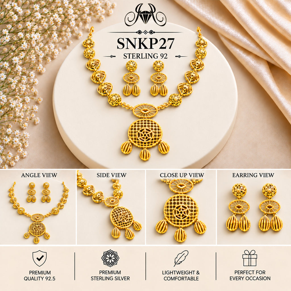 SNKP27 gold polish 92.5 sterling silver necklace set - collage view
