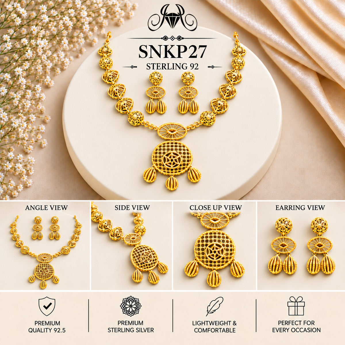 SNKP27 gold polish 92.5 sterling silver necklace set - collage view