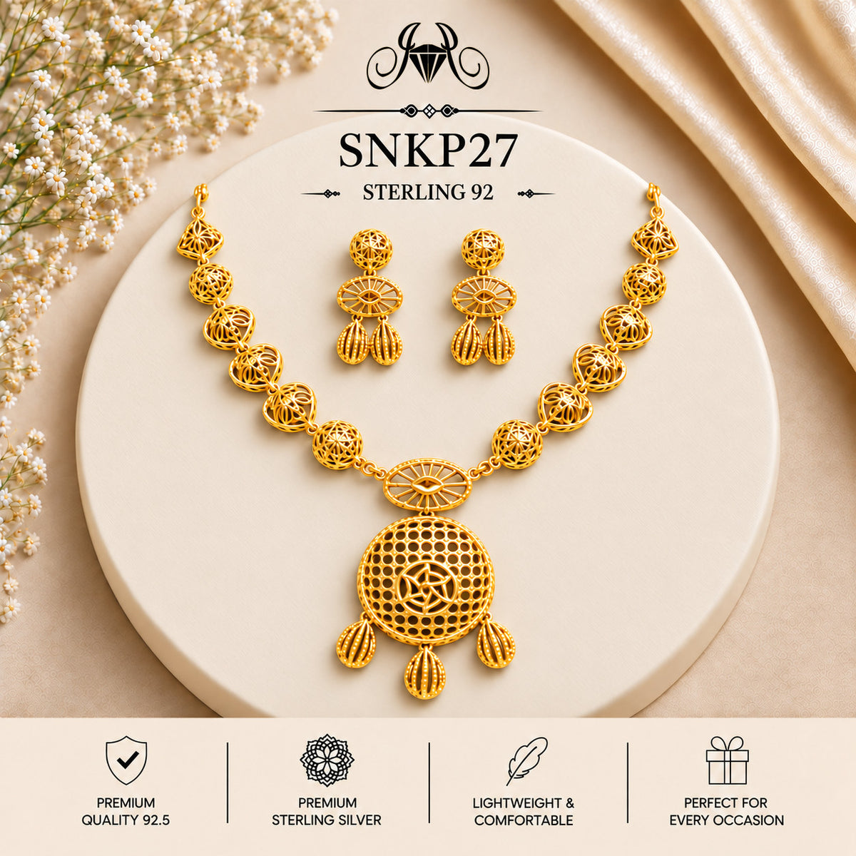 SNKP27 gold polish 92.5 sterling silver necklace set - portrait view