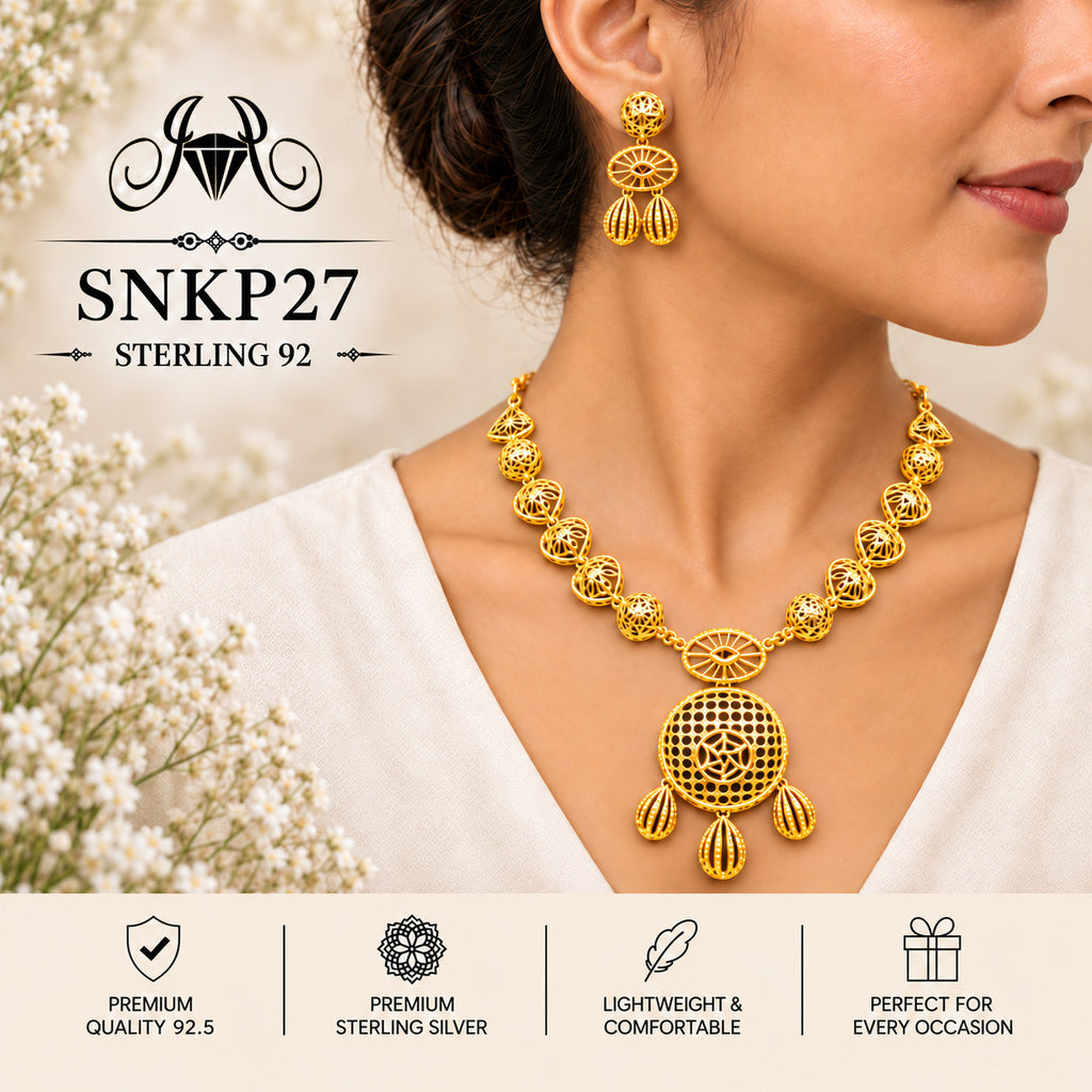 SNKP27 gold polish 92.5 sterling silver necklace set - wearing view